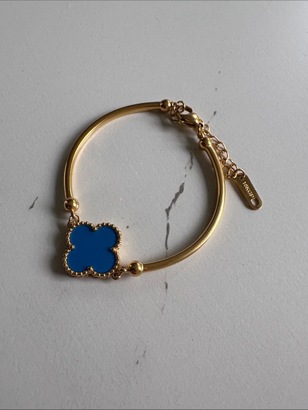 Gold Bracelet with Blue Clover Pendant - Women's Jewelry